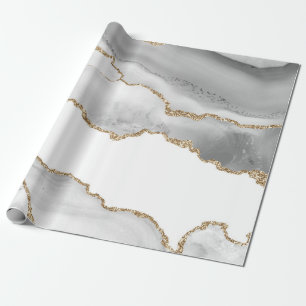 Grijs Witte Marmer Agate Verfijnde Gouden Glitter Cadeaupapier