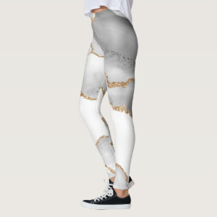 Grijs Witte Marmer Agate Verfijnde Gouden Glitter Leggings