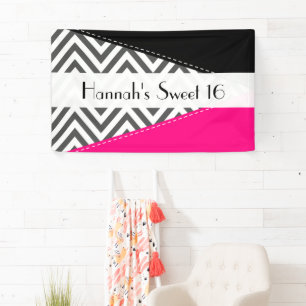 Grijs zigzag, Chevron, Zigzag Pattern, Sweet 16 Spandoek