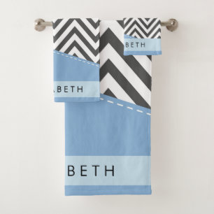 Grijs zigzag, Grijs Chevron, Blauw, Jouw naam Bad Handdoek