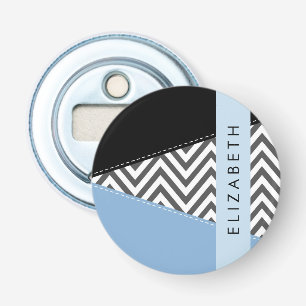 Grijs zigzag, Grijs Chevron, Blauw, Jouw naam Button Flesopener