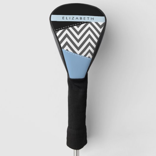 Grijs zigzag, Grijs Chevron, Blauw, Jouw naam Golfheadcover (Voorkant)