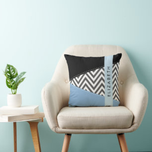 Grijs zigzag, Grijs Chevron, Blauw, Jouw naam Kussen