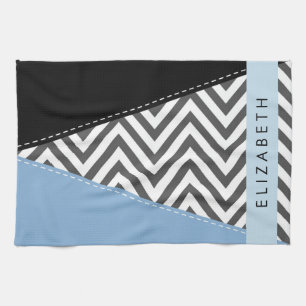 Grijs zigzag, Grijs Chevron, Blauw, Jouw naam Theedoek