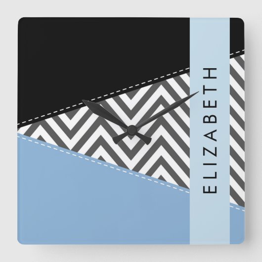 Grijs zigzag, Grijs Chevron, Blauw, Jouw naam Vierkante Klok (Voorkant)
