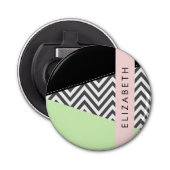 Grijs zigzag, Grijs Chevron, Mint, Jouw naam Button Flesopener (Voorkant)