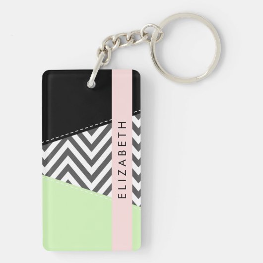 Grijs zigzag, Grijs Chevron, Mint, Jouw naam Sleutelhanger (achterkant)