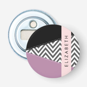 Grijs zigzag, Grijs Chevron, Paarse, Jouw naam Button Flesopener