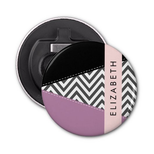 Grijs zigzag, Grijs Chevron, Paarse, Jouw naam Button Flesopener (Voorkant)