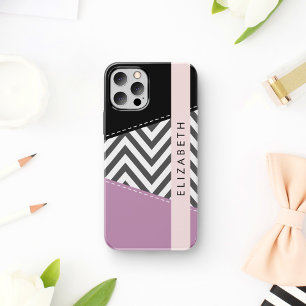 Grijs zigzag, Grijs Chevron, Paarse, Jouw naam iPhone 12 Pro Hoesje