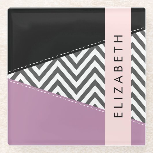 Grijs zigzag, Grijs Chevron, Paarse, Jouw naam Glazen Onderzetter (Voorkant)