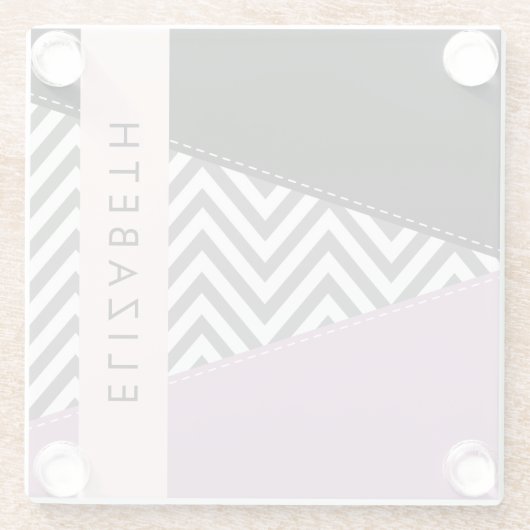 Grijs zigzag, Grijs Chevron, Paarse, Jouw naam Glazen Onderzetter (Achterkant)