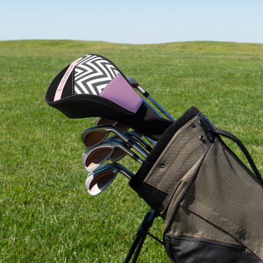 Grijs zigzag, Grijs Chevron, Paarse, Jouw naam Golfheadcover (Insitu)