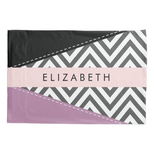 Grijs zigzag, Grijs Chevron, Paarse, Jouw naam Kussensloop (Achterkant)