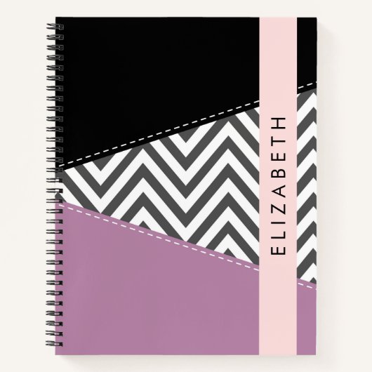 Grijs zigzag, Grijs Chevron, Paarse, Jouw naam Notitieboek (Voorkant)