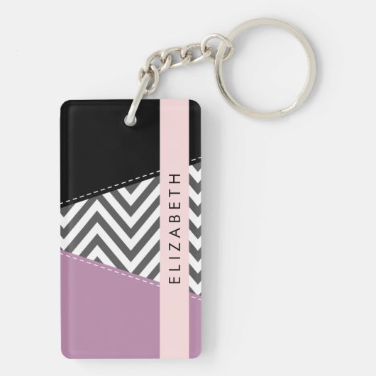 Grijs zigzag, Grijs Chevron, Paarse, Jouw naam Sleutelhanger (achterkant)