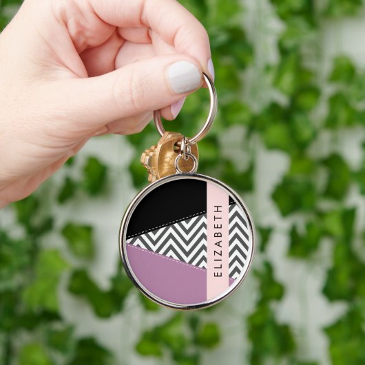 Grijs zigzag, Grijs Chevron, Paarse, Jouw naam Sleutelhanger (Hand)