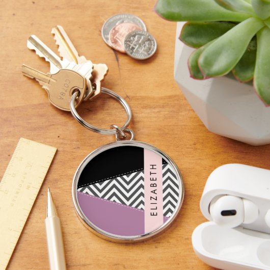 Grijs zigzag, Grijs Chevron, Paarse, Jouw naam Sleutelhanger (Bureau)
