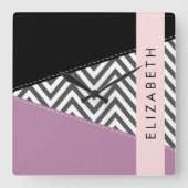 Grijs zigzag, Grijs Chevron, Paarse, Jouw naam Vierkante Klok (Voorkant)