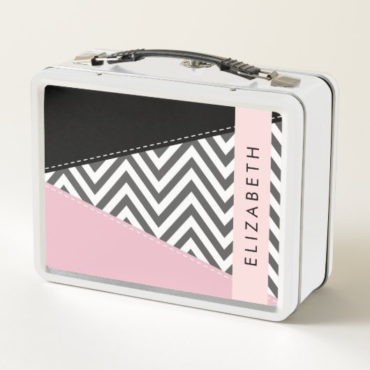 Grijs zigzag, Grijs Chevron, Roze, Jouw naam (Achterkant)