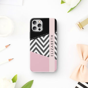 Grijs zigzag, Grijs Chevron, Roze, Jouw naam iPhone 12 Pro Hoesje