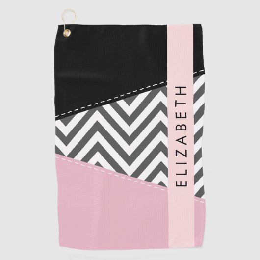 Grijs zigzag, Grijs Chevron, Roze, Jouw naam Golfhanddoek (Voorkant)