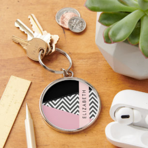Grijs zigzag, Grijs Chevron, Roze, Jouw naam Sleutelhanger