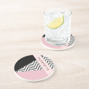 Grijs zigzag, Grijs Chevron, Roze, Jouw naam Zandsteen Onderzetter