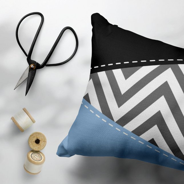 Grijs zigzag, Grijs Chevron, Zigzag Pattern, Blauw Accent Kussen (Creator heeft geüpload)