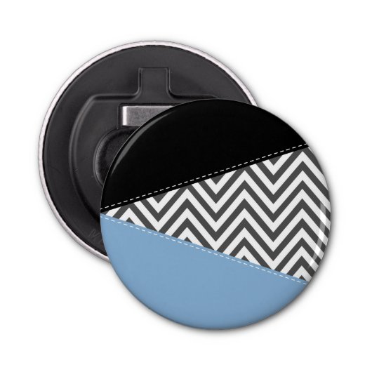 Grijs zigzag, Grijs Chevron, Zigzag Pattern, Blauw Button Flesopener (Voorkant)