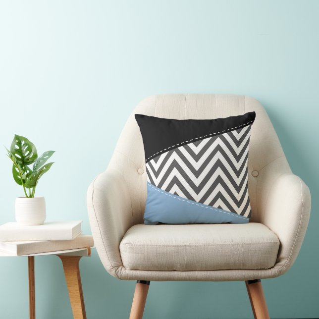 Grijs zigzag, Grijs Chevron, Zigzag Pattern, Blauw Kussen (Stoel)