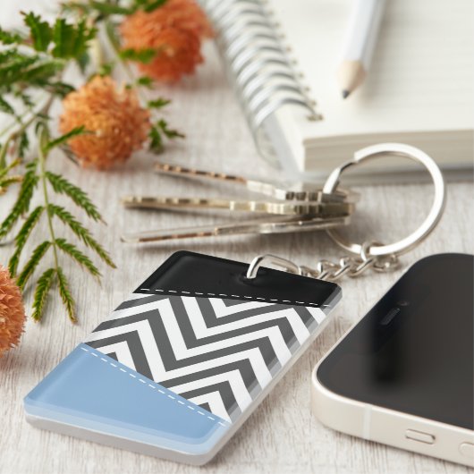 Grijs zigzag, Grijs Chevron, Zigzag Pattern, Blauw Sleutelhanger (Voorkant Rechts)