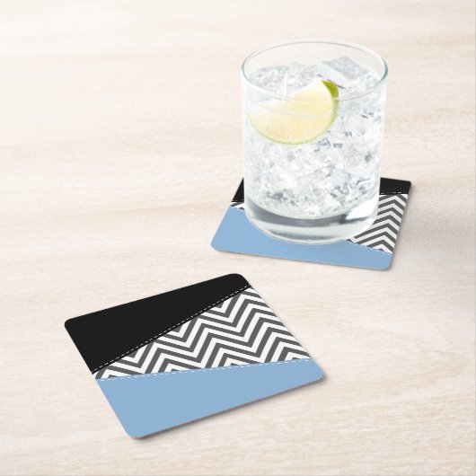Grijs zigzag, Grijs Chevron, Zigzag Pattern, Blauw Vierkante Kartonnen Onderzetter (Insitu)