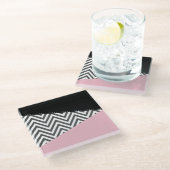 Grijs zigzag, Grijze Chevron, Zigzag Pattern, Roze Glazen Onderzetter (Schuin)