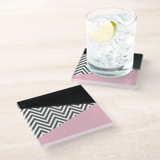 Grijs zigzag, Grijze Chevron, Zigzag Pattern, Roze Glazen Onderzetter (Schuin)