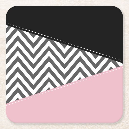 Grijs zigzag, Grijze Chevron, Zigzag Pattern, Roze Vierkante Kartonnen Onderzetter (Voorkant)