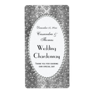  Grijs Zilver Damast Parel V Wijnflesetiket Etiket