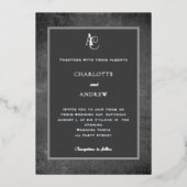 Grijs zilver modern monogram rustieke trouw folie uitnodiging (Voorkant)