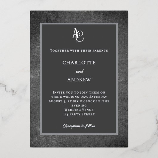 Grijs zilver modern monogram rustieke trouw folie uitnodiging (Voorkant)