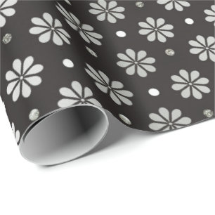 Grijs Zilver Zwart Folie Floral Daisy Stippen Cadeaupapier