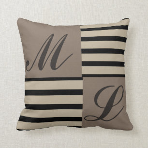 Grijs Zwart en Beige strepen Monogram Kussen