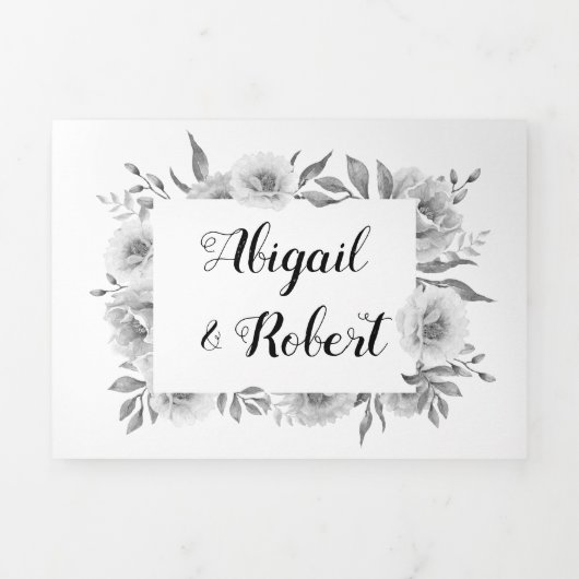 Grijs, zwart en wit waterverf bloemen bruiloft drieluik uitnodiging (Cover)