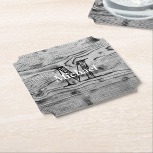  grijs zwart gebrand hout Monogram Kartonnen Onderzetters