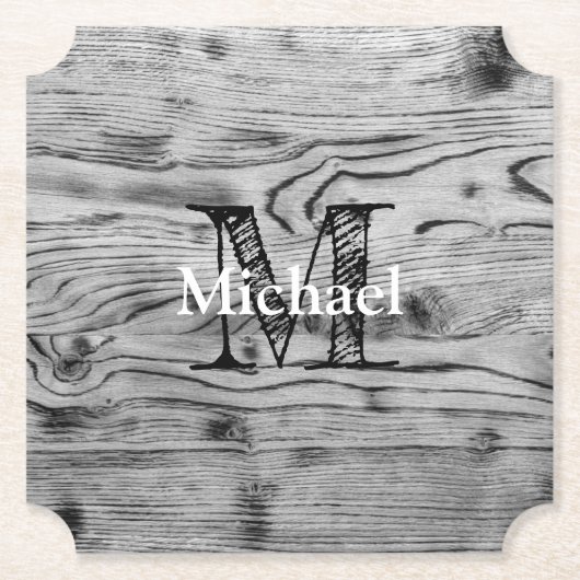 grijs zwart gebrand hout Monogram Kartonnen Onderzetters (Voorkant)