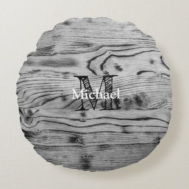  grijs zwart gebrand hout Monogram Rond Kussen (Voorkant)