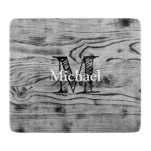 grijs zwart gebrand hout Monogram Snijplank (Voorkant)