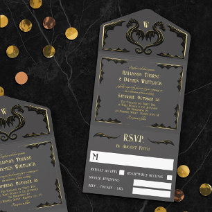 Grijs Zwart Gouden Draak Monogram Fantasy Wedding All In One Uitnodiging