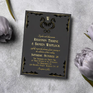 Grijs Zwart Gouden Draak Monogram Fantasy Wedding Folie Uitnodiging