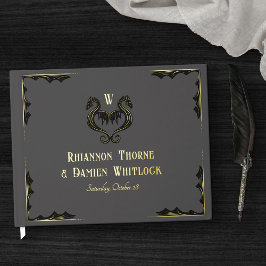 Grijs Zwart Gouden Draak Monogram Fantasy Wedding Gastenboek