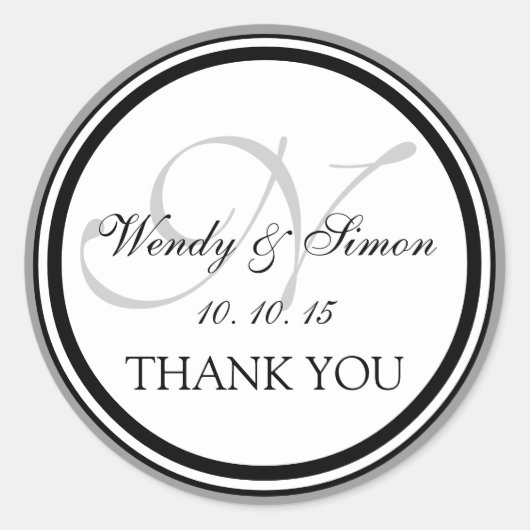 Grijs Zwart Monogram N Bruiloft Dank u Ronde Sticker (Voorkant)